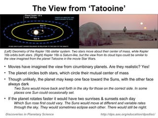 Discoveries in Planetary Science http://dps.aas.org/education/dpsdisc/
• Movies have imagined the view from cirumbinary planets. Are they realistic? Yes!
• The planet circles both stars, which circle their mutual center of mass
• Though unlikely, the planet may keep one face toward the Suns, with the other face
always dark
Two Suns would move back and forth in the sky for those on the correct side. In some
places one Sun could occasionally set.
• If the planet rotates faster it would have two sunrises & sunsets each day
Which Sun rose first could vary. The Suns would move at different and variable rates
through the sky. They would sometimes eclipse each other. There would still be night.
The View from ‘Tatooine’
(Left) Geometry of the Kepler 16b stellar system. Two stars move about their center of mass, while Kepler
16b orbits both stars. (Right) Kepler 16b is Saturn-like, but the view from its cloud tops could be similar to
the view imagined from the planet Tatooine in the movie Star Wars.
 