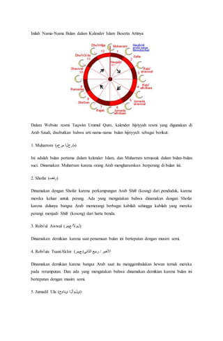 Inilah Nama-Nama Bulan dalam Kalender Islam Beserta Artinya
Dalam Website resmi Taqwim Ummul Quro, kalender hijriyyah resmi yang digunakan di
Arab Saudi, disebutkan bahwa arti nama-nama bulan hijriyyah sebagai berikut:
1. Muharrom (‫مرحم‬ ‫)مارحلا‬
Ini adalah bulan pertama dalam kelender Islam, dan Muharram termasuk dalam bulan-bulan
suci. Dinamakan Muharram karena orang Arab mengharamkan berperang di bulan ini.
2. Shofar (‫)ﺮﻔﺻ‬
Dinamakan dengan Shofar karena perkampungan Arab Shifr (kosng) dari penduduk, karena
mereka keluar untuk perang. Ada yang mengatakan bahwa dinamakan dengan Shofar
karena dulunya bangsa Arab memerangi berbagai kabilah sehingga kabilah yang mereka
perangi menjadi Shifr (kosong) dari harta benda.
3. Robi’ul Awwal (‫ﻊﻴﺑر‬ ‫)لﻭﻷا‬
Dinamakan demikian karena saat penamaan bulan ini bertepatan dengan musim semi.
4. Robi’uts Tsani/Akhir (‫ﻊﻴﺑر‬ (‫اﻟﺜﺎﻧﻲ‬ ‫رﺑﻴﻊ‬ / ‫اﻷﺧﻴﺮ‬
Dinamakan demikian karena bangsa Arab saat itu menggembalakan hewan ternak mereka
pada rerumputan. Dan ada yang mengatakan bahwa dinamakan demikian karena bulan ini
bertepatan dengan musim semi.
5. Jumadil Ula (‫ىدامج‬ ‫)ىلﻭألا‬
 