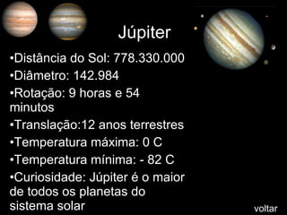 Júpiter Distância do Sol: 778.330.000 Diâmetro: 142.984  Rotação: 9 horas e 54 minutos  Translação:12 anos terrestres Temperatura máxima: 0 C Temperatura mínima: - 82 C Curiosidade: Júpiter é o maior de todos os planetas do sistema solar voltar 