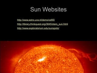 Sun Websites
http://www.astro.uva.nl/demo/od95/
http://library.thinkquest.org/3645/stars_sun.html
http://www.exploratorium.edu/sunspots/
 