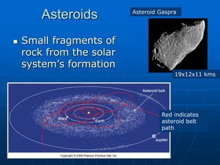 Asteroids
 Small fragments of
rock from the solar
system’s formation
Red indicates
asteroid belt
path
Asteroid Gaspra
19x12x11 kms
 