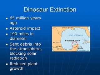 Dinosaur Extinction
 65 million years
ago
 Asteroid impact
 190 miles in
diameter
 Sent debris into
the atmosphere,
blocking solar
radiation
 Reduced plant
growth
 