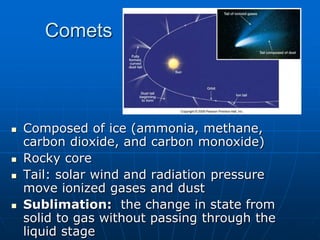 Comets
 Composed of ice (ammonia, methane,
carbon dioxide, and carbon monoxide)
 Rocky core
 Tail: solar wind and radiation pressure
move ionized gases and dust
 Sublimation: the change in state from
solid to gas without passing through the
liquid stage
 