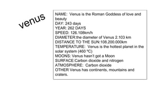 NAME: Venus is the Roman Goddess of love and
beauty
DAY: 243 days
YEAR: 262 DAYS
SPEED: 126.108km/h
DIAMETER:the diameter ...