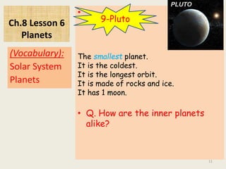 Ch.8 Lesson 6
Planets
•
• Q. How are the inner planets
alike?
(Vocabulary):
Solar System
Planets
11
9-Pluto
The smallest planet.
It is the coldest.
It is the longest orbit.
It is made of rocks and ice.
It has 1 moon.
 