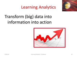 Learning Analytics
Transform (big) data into
information into action
23/9/13 Learning Analytics G Salmon 19
 