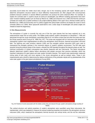10
SpringerReference
Nancy ChanoverAssociate Prof.
Atmospheres of Jovian Planets
19 Mar 2013 11:51http://www.springerreference.com/index/chapterdbid/366754
© Springer-Verlag Berlin Heidelberg 2013
accurately sound below the visible cloud deck, though, due to the increasing opacity with depth. Models used to
determine atmospheric structure based on cloud reflectivity measurements are often plagued with nonuniqueness
problems because variations in several different parameters can produce the same observed effect. For example, to
explain the contrasts seen in Jupiter's clouds at continuum wavelengths, two different modeling approaches have been
used. Forward modeling studies such as those by West et al. ( ) and Chanover et al. ( ) find that the continuum1986 1997
contrasts are mostly due to spatial variations in the single-scattering albedo of the upper cloud, whereas models used by
Banfield et al. ( ) and Sromovsky and Fry ( ) suggest that optical depth variations are largely the cause of cloud1998 2002
contrasts (West et al. ). More spacecraft observations over a wide range of wavelengths and phase angles are2004
needed to break this degeneracy.
In Situ Measurements
The atmosphere of Jupiter is currently the only one of the four that has been explored via in situgiant planets
measurements made from an entry probe. The Galileo probe entered Jupiter's atmosphere on December 7, 1995 and
descended through the Jovian atmosphere, transmitting data for 61 min before contact was lost when the probe was near
the 24-bar pressure level (Young et al. ) ( . ). The probe was equipped with an instrument suite designed to1996 Fig 5-8
characterize Jupiter's inner magnetosphere as well as the atmospheric cloud structure, chemical environment, and wind
field. The lightning and radio emission detector (LRD) and the energetic particle instrument were used to(EPI)
characterize the energetic particles in the innermost regions of Jupiter's radiation environment. The EPI data were
acquired during the preentry phase of the mission, whereas the LRD operated throughout the descent phase as well. The
chemical composition of Jupiter's atmosphere was directly measured with two instruments. The helium abundance
detector determined Jupiter's relative helium abundance with greater accuracy than previous estimates, which has
important implications for giant planet and solar system formation theories. The neutral mass spectrometer measured
mixing ratios of both major and minor species in the Jovian atmosphere as well as isotopic ratios. These in situ
measurements were critical for determining the relative contributions of the protosolar nebula and icy planetesimals of the
to the giant planet atmospheres (Young ).outer solar system 2003
Fig. 5-8 Timeline of events associated with the Galileo probe entry and descent through Jupiter's atmosphere (Image courtesy of
)NASA
The vertical structure and optical properties of Jupiter's atmosphere were quantified using three instruments: the
nephelometer, which was designed to measure the aerosol scattering properties and locations; the atmospheric structure
instrument , which measured the and vertical winds; and the net flux(ASI) atmospheric thermal structure radiometer
 