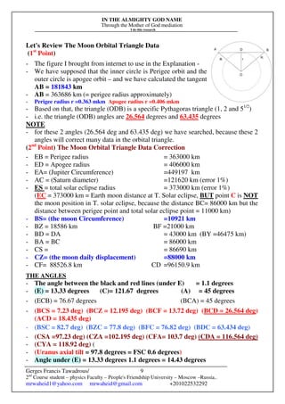 IN THE ALMIGHTY GOD NAME
Through the Mother of God mediation
I do this research
Gerges Francis Tawadrous/
2nd
Course student – physics Faculty – People's Friendship University – Moscow –Russia..
mrwaheid1@yahoo.com mrwaheid@gmail.com +201022532292
9
Let's Review The Moon Orbital Triangle Data
(1st
Point)
- The figure I brought from internet to use in the Explanation -
- We have supposed that the inner circle is Perigee orbit and the
outer circle is apogee orbit – and we have calculated the tangent
AB = 181843 km
- AB = 363686 km (= perigee radius approximately)
- Perigee radius r =0.363 mkm Apogee radius r =0.406 mkm
- Based on that, the triangle (ODB) is a specific Pythagoras triangle (1, 2 and 51/2
)
- i.e. the triangle (ODB) angles are 26.564 degrees and 63.435 degrees
NOTE
- for these 2 angles (26.564 deg and 63.435 deg) we have searched, because these 2
angles will correct many data in the orbital triangle.
(2nd
Point) The Moon Orbital Triangle Data Correction
- EB = Perigee radius = 363000 km
- ED = Apogee radius = 406000 km
- EA= (Jupiter Circumference) =449197 km
- AC = (Saturn diameter) =121620 km (error 1%)
- ES = total solar eclipse radius = 373000 km (error 1%)
(EC = 373000 km = Earth moon distance at T. Solar eclipse, BUT point C is NOT
the moon position in T. solar eclipse, because the distance BC= 86000 km but the
distance between perigee point and total solar eclipse point = 11000 km)
- BS= (the moon Circumference) =10921 km
- BZ = 18586 km BF =21000 km
- BD = DA = 43000 km (BY =46475 km)
- BA = BC = 86000 km
- CS = = 86690 km
- CZ= (the moon daily displacement) =88000 km
- CF= 88526.8 km CD =96150.9 km
THE ANGLES
- The angle between the black and red lines (under E) = 1.1 degrees
- (E) = 13.33 degrees (C)= 121.67 degrees (A) = 45 degrees
- (ECB) = 76.67 degrees (BCA) = 45 degrees
- (BCS = 7.23 deg) (BCZ = 12.195 deg) (BCF = 13.72 deg) (BCD = 26.564 deg)
(ACD = 18.435 deg)
- (BSC = 82.7 deg) (BZC = 77.8 deg) (BFC = 76.82 deg) (BDC = 63.434 deg)
- (CSA =97.23 deg) (CZA =102.195 deg) (CFA= 103.7 deg) (CDA = 116.564 deg)
- (CYA = 118.92 deg) (
- (Uranus axial tilt = 97.8 degrees = FSC 0.6 degrees)
- Angle under (E) = 13.33 degrees 1.1 degrees = 14.43 degrees
 