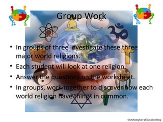 Group Work
• In groups of three investigate these three
major world religions.
• Each student will look at one religion.
• Answer the questions on the worksheet.
• In groups, work together to discover how each
world religion have things in common.

©MsKeleghan’sEducationBlog

 