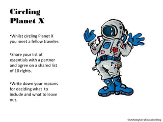 Circling
Planet X
•Whilst circling Planet X
you meet a fellow traveler.
•Share your list of
essentials with a partner
and agree on a shared list
of 10 rights.
•Write down your reasons
for deciding what to
include and what to leave
out.

©MsKeleghan’sEducationBlog

 