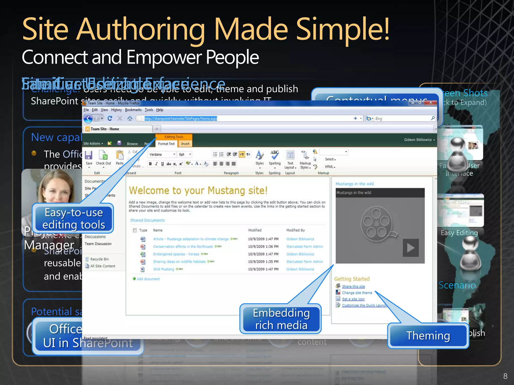 Site Authoring Made Simple!Connect and Empower PeopleSite CustomizationIntuitive Editing ExperienceFamiliar User InterfaceChallenge:Users need to be able to edit, theme and publish SharePoint sites easily and quickly, without involving IT123456Screen Shots (Click to Expand)New capabilities:The Office Ribbon User Interface, now part of SharePoint 2010, provides users with a familiar and rich user experience that maximizes productivity and minimizes training.Wiki-style editing makes creating and updating SharePoint sites easier and more efficientWeb site branding is easier and more dynamic using the new theme engine and master page redirection SharePoint Designer 2010 is easier to use with modifications being reusable across different Web sites which gives more people access and enables enterprise reapplication Embedding rich mediaEasy-to-use editing toolsFamiliar User InterfaceThemingContextual menus and functionalityProject ManagerEasy EditingOffice Ribbon UI in SharePointPotential savings/efficiency gains: Users save time updating collaboration sites. IT resources are freed-up from supporting users with basic updates and publishingScenarioUse rich-media contentApply Color TemplateSet PermissionsUpload Data and add infoCreate SitePublish