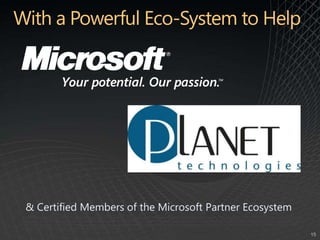 With a Powerful Eco-System to Help& Certified Members of the Microsoft Partner Ecosystem©2009 Microsoft, Microsoft Dynamics, the Office logo, and Your potential. Our passion. are trademarks of the Microsoft group of companies. The information herein is for informational purposes only and represents the current view of Microsoft Corporation as of the date of this presentation. Because Microsoft must respond to changing market conditions, it should not be interpreted to be a commitment on the part of Microsoft, and Microsoft cannot guarantee the accuracy of any information provided after the date of this presentation. MICROSOFT MAKES NO WARRANTIES, EXPRESS, IMPLIED OR STATUTORY, AS TO THE INFORMATION IN THIS PRESENTATION.
