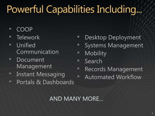 Powerful Capabilities Including...COOPTeleworkUnified CommunicationDocument ManagementInstant MessagingPortals & DashboardsDesktop DeploymentSystems ManagementMobilitySearchRecords ManagementAutomated WorkflowAND MANY MORE…