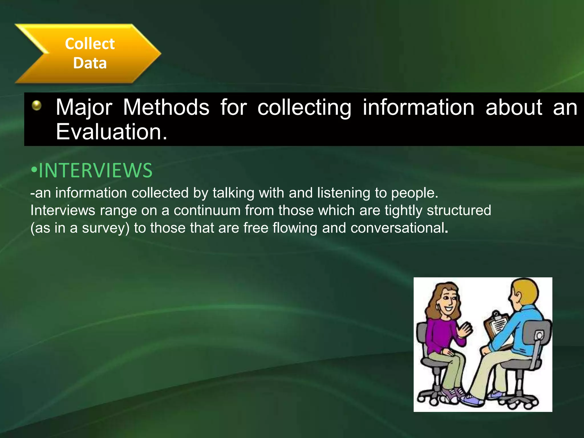 Collect
      Data

   Major Methods for collecting information about an
   Evaluation.
•INTERVIEWS
-an information collected by talking with and listening to people.
Interviews range on a continuum from those which are tightly structured
(as in a survey) to those that are free flowing and conversational.
 