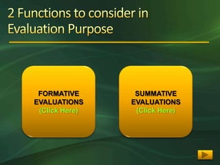FORMATIVE       SUMMATIVE
EVALUATIONS     EVALUATIONS
 (Click Here)    (Click Here)
 