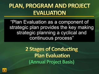 “Plan Evaluation as a component of
strategic plan provides the key making
    strategic planning a cyclical and
          continuous process”



        (Annual Project Basis)
 