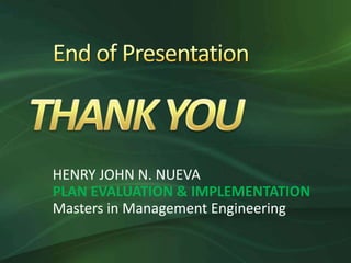 HENRY JOHN N. NUEVA
PLAN EVALUATION & IMPLEMENTATION
Masters in Management Engineering
 
