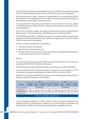 Las dos alternativas presentan un desempeño similar: en el 2009 las dos permiten descargas
      del 35% en Bucaramanga y del 25% en Palos, permitiendo superar sus contingencias.
      Estas alternativas por si solas, no impactan la cargabilidad de los transformadores 230/115
      kV de Barranca. Ante contingencia en uno de ellos, se presenta una elevada sobrecarga. En
      2014 se observan sobrecargas en condición normal.
      En cuanto a tensiones, las subestaciones Cimitarra y Lizama están cerca de 0.9 p.u., Sabana
      y San Alberto están por debajo de 0.87 p.u. Ninguna de las alternativas analizadas solucio-
      na estos problemas.
      Hacia el 2013 se requiere ampliar nuevamente la transformación debido al agotamiento en
      Bucaramanga. La línea Bucaramanga – Real Minas presenta sobrecarga del 20%.
      El OR manifestó que debido a problemas de espacio, no es viable instalar el segundo trans-
      formador en la Subestación Bucaramanga. También citó algunos proyectos de los cuales la
      uPME no tiene mayor conocimiento.

      Se llama la atención del OR sobre la necesidad de:
      •   Presentar el estudio de expansión.
      •   Ejecutar los proyectos de expansión.
      •   Corregir el factor de potencia en el origen, con el fin de evitar requerimientos adiciona-
          les de reactivos y generaciones de seguridad.

      Boyacá:

      Con la demanda máxima esperada para 2009, sin generación en Paipa a nivel de 115 kV, los
      transformadores 230/115 kV presentan sobrecarga.
      El OR informó que instalará 90 MVA adicionales para contar con un total de 360 MVA.
      Con esta expansión, ante condiciones normales de operación, sin generación en 115 kV,
      inicialmente no se presentan problemas. Solo hasta el 2011 se alcanzaría el 90%.
      En 2009 ante la pérdida de 180 MVA de transformación, la sobrecarga alcanzaría el 50%. La
      Tabla 5-16 muestra los resultados de los análisis.

                                              2009                                          2011
                          condición   3º tr     n-1 Paipa   n-1 Paipa   condición   3º tr     n-1 Paipa   n-1 Paipa
          Elemento
                            actual    Paipa     180 mva      90 mva       actual    Paipa     180 mva      90 mva
                                       Cargabilidad %                                Cargabilidad %
      Tr‑paipa1 90 mva       103       75            155      103          119       93            182      119
      Tr‑paipa2 180 mva      103       75             -       103          119       93             -       119
      Tr‑paipa3 90 mva        -        75            155        -           -        93            182        -

                                       Tabla 5‑16 resultados análisis Boyacá



      Con la expansión reportada por el OR en cuanto a líneas se mejoran notablemente los
      perfiles de tensión en Chiquinquirá y Barbosa. Con la actualización de parámetros que
      realizó el OR, la uPME encontró que no hay problemas de cargabilidad en líneas.

102
       Plan de Expansión de Referencia - Generación – Transmisión 2009-2023
 