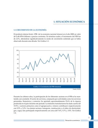 1. SItUAcIón EconóMIcA


1.1 crEcIMIEnto DE LA EconoMíA

El producto interno bruto –PIB– de la economía nacional alcanzó en el año 2008 un valor
de Col$ 478.6 billones a precios corrientes. En términos reales, el incremento del PIB fue
de 2.6%, alterándose significativamente la senda de crecimiento sostenida que se había
observado durante esta década. Ver Gráfica 1‑1.




                          Gráfica 1‑1 Crecimiento del PIB trimestral
                                                                                 Fuente: DANE




Durante los últimos años, la participación de los diferentes sectores en el PIB se ha man-
tenido casi constante. El sector de servicios, compuesto por actividades como los servicios
personales, financieros y comercio, ha aportado aproximadamente 53.6% de la riqueza
producida en el país durante este periodo. La industria manufacturera ha dado cuenta del
15.5% y sectores primarios como el agropecuario y minero contribuyen respectivamente
con 9.3% y 5.2%. Los demás sectores: transporte, construcción y el rubro de electricidad,
gas y agua, han participado respectivamente con cerca del 7.6%, 5.7% y 3.0%. Ver Gráfica
1-2.

                                                                                                11
                                                                       Situación económica
 