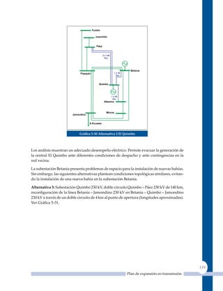 Gráfica 5‑30 alternativa 2 el quimbo




Los análisis muestran un adecuado desempeño eléctrico. Permite evacuar la generación de
la central El quimbo ante diferentes condiciones de despacho y ante contingencias en la
red vecina.

La subestación Betania presenta problemas de espacio para la instalación de nuevas bahías.
Sin embargo, las siguientes alternativas plantean condiciones topológicas similares, evitan-
do la instalación de una nueva bahía en la subestación Betania.

alternativa 3: Subestación Quimbo 230 kV, doble circuito Quimbo – Páez 230 kV de 140 km,
reconfiguración de la línea Betania – Jamondino 230 kV en Betania – Quimbo – Jamondino
230 kV a través de un doble circuito de 4 km al punto de apertura (longitudes aproximadas).
Ver Gráfica 5‑31.




                                                                                               119
                                                           Plan de expansión en transmisión
 
