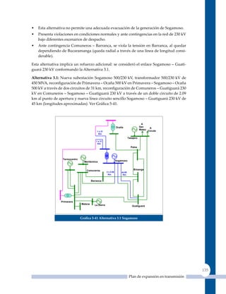 •   Esta alternativa no permite una adecuada evacuación de la generación de Sogamoso.
•   Presenta violaciones en condiciones normales y ante contingencias en la red de 230 kV
    bajo diferentes escenarios de despacho.
•   Ante contingencia Comuneros – Barranca, se viola la tensión en Barranca, al quedar
    dependiendo de Bucaramanga (queda radial a través de una línea de longitud consi-
    derable).

Esta alternativa implica un refuerzo adicional: se consideró el enlace Sogamoso – Guati-
guará 230 kV conformando la Alternativa 3.1.

alternativa 3.1: Nueva subestación Sogamoso 500/230 kV, transformador 500/230 kV de
450 MVA, reconfiguración de Primavera – Ocaña 500 kV en Primavera – Sogamoso – Ocaña
500 kV a través de dos circuitos de 31 km, reconfiguración de Comuneros – Guatiguará 230
kV en Comuneros – Sogamoso – Guatiguará 230 kV a través de un doble circuito de 2.09
km al punto de apertura y nueva línea circuito sencillo Sogamoso – Guatiguará 230 kV de
45 km (longitudes aproximadas). Ver Gráfica 5‑41.




                                                                                          A
                                                                  Ocaña                  San    A
                                                                                         Mateo Cúcuta
                                             1 x 31
                                              Km.

                                                                              Tasajero
                                             1 x 31
                                              Km.
                                                                                Palos




                  Termocentro
                                  Meriléctrica                    Sogamoso



                                    Comuneros                                     B/manga
                                                       2 x 2.09       44.95
                                                        Km.            Km.


                                         Barranca




                 Primavera
                                Malena     La Sierra                             Guatiguará




                                Gráfica 5‑41 alternativa 3.1 sogamoso




                                                                                                                  135
                                                                               Plan de expansión en transmisión
 
