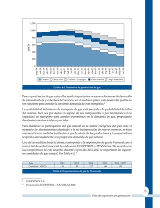 Gráfica 4‑3 Pronóstico de producción de gas


Pese a que el sector de gas natural ha tenido importantes avances en los temas de desarrollo
de infraestructura y cobertura del servicio, en el mediano plazo, este desarrollo podría no
ser suficiente para atender la creciente demanda de este energético.8

La confiabilidad del sistema de transporte de gas, está asociada a la probabilidad de fallas
del sistema, bien sea por daños en alguno de sus componentes o por limitaciones en la
capacidad de transporte para atender incrementos en la demanda de gas, propiciando
desabastecimientos totales o parciales.

Para mantener la participación del gas natural en la matriz energética del país ante el
escenario de abastecimiento planteado y la no incorporación de nuevas reservas, se hace
necesario tomar medidas tendientes a que la oferta de los productores y transportadores
responda adecuadamente a la progresiva demanda de gas natural.

una de las medidas desde la oferta, corresponde a la importación de gas de Venezuela en el
marco del Acuerdo Comercial firmado entre ECOPETROL y PDVSA Gas. De acuerdo con
los compromisos de este acuerdo, durante el periodo 2012-2027 se importarán las siguien-
tes cantidades de gas natural. Ver Tabla 4-2. 9




                         Tabla 4‑2 Importaciones de gas de Venezuela


8
    ECOPETROL S.A.
9
    Presentación ECOPETROL – NATuRGAS 2008.

                                                                                               39
                                                             Plan de expansión en generación
 
