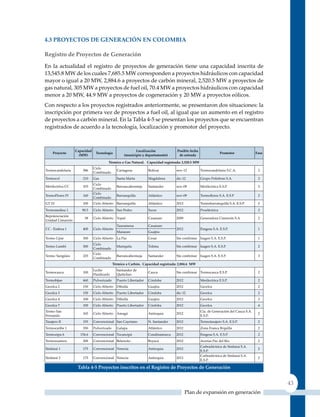 4.3 ProYeCTos de GeneraCIón en ColomBIa

registro de Proyectos de Generación

En la actualidad el registro de proyectos de generación tiene una capacidad inscrita de
13,545.8 MW de los cuales 7,685.5 MW corresponden a proyectos hidráulicos con capacidad
mayor o igual a 20 MW, 2,884.6 a proyectos de carbón mineral, 2,520.5 MW a proyectos de
gas natural, 305 MW a proyectos de fuel oil, 70.4 MW a proyectos hidráulicos con capacidad
menor a 20 MW, 44.9 MW a proyectos de cogeneración y 20 MW a proyectos eólicos.
Con respecto a los proyectos registrados anteriormente, se presentaron dos situaciones: la
inscripción por primera vez de proyectos a fuel oil, al igual que un aumento en el registro
de proyectos a carbón mineral. En la Tabla 4-5 se presentan los proyectos que se encuentran
registrados de acuerdo a la tecnología, localización y promotor del proyecto.



                  capacidad                               localización            Posible fecha
     Proyecto                  tecnología                                                                        Promotor             Fase
                    (mW)                           (municipio y departamento)      de entrada

                                        Térmico a Gas natural. Capacidad registrada: 2,520.5 mW
                              Ciclo
Termocandelaria       586                     Cartagena           Bolívar         nov-12          Termocandelaria S.C.A.               2
                              Combinado
Termocol              210     Gas             Santa Marta         Magdalena       dic-12          Grupo Políobras S.A.                 2
                              Ciclo
Merilectrica CC       103                     Barrancabermeja     Santander       nov-09          Merilectrica E.S.P.                  2
                              Combinado
                              Ciclo
TermoFlores IV        160                     Barranquilla        Atlántico       nov-09          Termoflores S.A. E.S.P               2
                              Combinado
GT 23                 100     Ciclo Abierto   Barranquilla        Atlántico       2012            Termobarranquilla S.A. E.S.P.        2
Termoandina 1        98.5     Ciclo Abierto   San Pedro           Sucre           2012            Proeléctrica                         2
Repotenciación
                       38     Ciclo Abierto   yopal               Casanare        2009            Generadora Cimarrón S.A.             2
unidad Cimarrón
                                              Tauramena           Casanare
CC - Endesa 1         400     Ciclo Abierto                                       2012            Emgesa S.A. E.S.P.                   1
                                              Manaure             Guajira
Termo upar            300     Ciclo Abierto   La Paz              Cesar           Sin confirmar   Isagen S.A. E.S.P.                   1
                              Ciclo
Termo Lumbí           300                     Mariquita           Tolima          Sin confirmar   Isagen S.A. E.S.P.                   2
                              Combinado
                              Ciclo
Termo yarigüíes       225                     Barrancabermeja     Santander       Sin confirmar   Isagen S.A. E.S.P.                   3
                              Combinado
                                            Térmico a Carbón. Capacidad registrada: 2,884.6 mW
                              Lecho           Santander de
Termocauca            100                                         Cauca           Sin confirmar   Termocauca E.S.P.                    2
                              Fluidizado      quilichao
Termobijao            460     Pulverizado     Puerto Libertador   Córdoba         2012            Merilectrica E.S.P.                  2
Gecelca 2             150     Ciclo Abierto   Dibulla             Guajira         2012            Gecelca                              2
Gecelca 3             150     Ciclo Abierto   Puerto Libertador   Córdoba         dic-12          Gecelca                              2
Gecelca 4             100     Ciclo Abierto   Dibulla             Guajira         2012            Gecelca                              3
Gecelca 7             100     Ciclo Abierto   Puerto Libertador   Córdoba         2012            Gecelca                              4
Termo San                                                                                         Cía. de Generación del Cauca S.A.
                      165     Ciclo Abierto   Amagá               Antioquia       2012                                                 2
Fernando                                                                                          E.S.P.
Tasajero II           155     Convencional San Cayetano           N. Santander    2012            Termotasajero S.A. E.S.P.            2
Termocaribe 1         350     Pulverizado     Galapa              Atlántico       2012            zona Franca B/quilla                 2
Termozipa 6         154.6     Convencional Tocancipá              Cundinamarca    2012            Emgesa S.A. E.S.P.                   2
Termosuamox           300     Convencional Belencito              Boyacá          2012            Acerías Paz del Río                  2
                                                                                                  Carboeléctrica de Sinifaná S.A.
Sinifaná 1            175     Convencional Venecia                Antioquia       2012                                                 2
                                                                                                  E.S.P.
                                                                                                  Carboeléctrica de Sinifaná S.A.
Sinifaná 2            175     Convencional Venecia                Antioquia       2013                                                 2
                                                                                                  E.S.P.

                   Tabla 4‑5 Proyectos inscritos en el registro de Proyectos de Generación


                                                                                                                                             43
                                                                                         Plan de expansión en generación
 