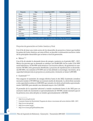 Proyecto               tipo            capacidad (mW)           Fecha de operación comercial
          Mazar                   Hidro                     186                         mar-09
          Ocaña                   Hidro                      26                          ene-09
          El topo                 Hidro                      22                          ene-09
          EDC                     Térmico                   234                          ene-10
          Pilalo 3                Hidro                      9.3                         ene-10
          Baba                    Hidro                      42                          abr-10
          Sigchos                 Hidro                      18                          ene-10
          Sopladora               Hidro                     312                          ene-11
          EDC                     Térmico                    88                         mar-11
          Arenillas               Térmico                   150                          ene-17
          Total MW                                       1,087.3

                      Tabla 4‑9 Proyectos en ecuador a ser considerados en el Plan de expansión




     Proyectos de generación en Centro américa y Perú

     Con el fin de tener una visión acerca de los desarrollos de proyectos a futuro que tendrán
     los países de Centro América, así como el Perú, se describe a continuación una breve visión
     de los principales desarrollos que se tienen a nivel de generación.

     •	 México17 18
     Con el fin de atender la demanda futura de energía y potencia en el periodo 2007 – 2017,
     México ha previsto que su demanda se satisface con 26,488 MW, de los cuales 3,316 MW
     serán hidráulicos, 14,766 MW serán térmicos. Con recursos eólicos y de geotermia se cons-
     truirán 749 MW, entre generación distribuida y proyectos de repotenciación se desarrolla-
     rán 885 MW y los restantes 6,772 MW aún no han definido su tecnología. Así mismo, de la
     capacidad total prevista en proyectos en construcción o licitación se tienen 5,498 MW.

     •	 Guatemala19 20 21
     Para asegurar el suministro de energía eléctrica hasta el año 2022, Guatemala considera
     necesario instalar 2,705 MW bajo un escenario medio de demanda. La oferta firme asociada
     a esta capacidad se estima en 2,000 MW que sumado a la oferta actual totaliza aproximada-
     mente 3,600 MW, para atender una demanda mayor a los 3,100 MW.

     El promedio de la capacidad adicional a instalar anualmente hasta el año 2022 para un
     escenario medio de crecimiento es aproximadamente de 190 MW, siendo necesario que en
     los primeros cinco años del plan se instalen aproximadamente 1,500 MW.


     17
          http://www.cfe.gob.mx/es/
     18
          Comisión Federal de Electricidad, Programa de obras e inversiones del sector eléctrico 2008 – 2017.
     19
          http://www.cnee.gob.gt/
     20
          http://www.amm.org.gt/
     21
          http://www.mem.gob.gt/Portal/Intro.htm

48
      Plan de Expansión de Referencia - Generación – Transmisión 2009-2023
 