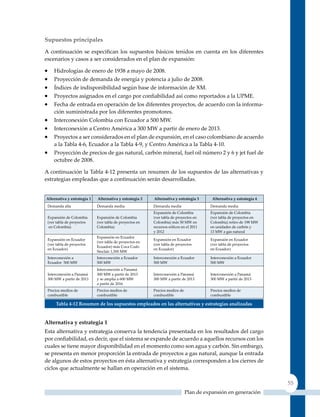 Supuestos principales

A continuación se especifican los supuestos básicos tenidos en cuenta en los diferentes
escenarios y casos a ser considerados en el plan de expansión:

•	   Hidrologías de enero de 1938 a mayo de 2008.
•	   Proyección de demanda de energía y potencia a julio de 2008.
•	   índices de indisponibilidad según base de información de XM.
•	   Proyectos asignados en el cargo por confiabilidad así como reportados a la UPME.
•	   Fecha de entrada en operación de los diferentes proyectos, de acuerdo con la informa-
     ción suministrada por los diferentes promotores.
•	 Interconexión Colombia con Ecuador a 500 MW.
•	 Interconexión a Centro América a 300 MW a partir de enero de 2013.
•	 Proyectos a ser considerados en el plan de expansión, en el caso colombiano de acuerdo
     a la Tabla 4-6, Ecuador a la Tabla 4-9, y Centro América a la Tabla 4-10.
•	 Proyección de precios de gas natural, carbón mineral, fuel oil número 2 y 6 y jet fuel de
     octubre de 2008.

A continuación la Tabla 4-12 presenta un resumen de los supuestos de las alternativas y
estrategias empleadas que a continuación serán desarrolladas.


alternativa y estrategia 1   alternativa y estrategia 2   alternativa y estrategia 3     alternativa y estrategia 4
 Demanda alta                Demanda media                Demanda media                 Demanda media
                                                          Expansión de Colombia         Expansión de Colombia
 Expansión de Colombia       Expansión de Colombia        (ver tabla de proyectos en    (ver tabla de proyectos en
 (ver tabla de proyectos     (ver tabla de proyectos en   Colombia) más 50 MW en        Colombia) retiro de 198 MW
  en Colombia)               Colombia)                    recursos eólicos en el 2011   en unidades de carbón y
                                                          y 2012                        13 MW a gas natural
                             Expansión en Ecuador
 Expansión en Ecuador                                     Expansión en Ecuador          Expansión en Ecuador
                             (ver tabla de proyectos en
 (ver tabla de proyectos                                  (ver tabla de proyectos       (ver tabla de proyectos
                             Ecuador) más Coca Codo
 en Ecuador)                                              en Ecuador)                   en Ecuador)
                             Sinclair 1,500 MW
 Interconexión a             Interconexión a Ecuador      Interconexión a Ecuador       Interconexión a Ecuador
 Ecuador 500 MW              500 MW                       500 MW                        500 MW
                             Interconexión a Panamá
 Interconexión a Panamá      300 MW a partir de 2013      Interconexión a Panamá        Interconexión a Panamá
 300 MW a partir de 2013     y se amplia a 600 MW         300 MW a partir de 2013       300 MW a partir de 2013
                             a partir de 2016
 Precios medios de           Precios medios de            Precios medios de             Precios medios de
 combustible                 combustible                  combustible                   combustible

      Tabla 4‑12 resumen de los supuestos empleados en las alternativas y estrategias analizadas


alternativa y estrategia 1
Esta alternativa y estrategia conserva la tendencia presentada en los resultados del cargo
por confiabilidad, es decir, que el sistema se expande de acuerdo a aquellos recursos con los
cuales se tiene mayor disponibilidad en el momento como son agua y carbón. Sin embargo,
se presenta en menor proporción la entrada de proyectos a gas natural, aunque la entrada
de algunos de estos proyectos en ésta alternativa y estrategia corresponden a los cierres de
ciclos que actualmente se hallan en operación en el sistema.

                                                                                                                      55
                                                                              Plan de expansión en generación
 