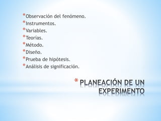 *
*Observación del fenómeno.
*Instrumentos.
*Variables.
*Teorías.
*Método.
*Diseño.
*Prueba de hipótesis.
*Análisis de significación.
 