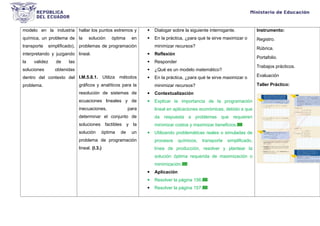 modelo en la industria
química, un problema de
transporte simplificado),
interpretando y juzgando
la validez de las
soluciones obtenidas
dentro del contexto del
problema.
hallar los puntos extremos y
la solución óptima en
problemas de programación
lineal.
I.M.5.8.1. Utiliza métodos
gráficos y analíticos para la
resolución de sistemas de
ecuaciones lineales y de
inecuaciones, para
determinar el conjunto de
soluciones factibles y la
solución óptima de un
problema de programación
lineal. (I.3.)
 Dialogar sobre la siguiente interrogante.
 En la práctica, ¿para qué te sirve maximizar o
minimizar recursos?
 Reflexión
 Responder
 ¿Qué es un modelo matemático?
 En la práctica, ¿para qué te sirve maximizar o
minimizar recursos?
 Contextualización
 Explicar la importancia de la programación
lineal en aplicaciones económicas, debido a que
da respuesta a problemas que requieren
minimizar costos y maximizar beneficios.
 Utilizando problemáticas reales o simuladas de
procesos químicos, transporte simplificado,
línea de producción, resolver y plantear la
solución óptima requerida de maximización o
minimización.
 Aplicación
 Resolver la página 156.
 Resolver la página 157.
Instrumento:
Registro.
Rúbrica.
Portafolio.
Trabajos prácticos.
Evaluación
Taller Práctico:
 