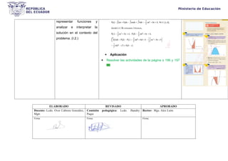 representar funciones y
analizar e interpretar la
solución en el contexto del
problema. (I.2.)
 Aplicación
 Resolver las actividades de la página s 196 y 197
ELABORADO REVISADO APROBADO
Docente: Lcdo. Over Cabrera González,
Mgtr.
Comisión pedagógica: Lcdo. Jhandry
Paqui
Rector: Mgs. Alex León
Firma: Firma: Firma:
 