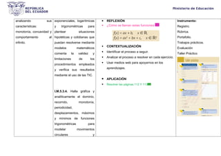 analizando sus
características:
monotonía, concavidad y
comportamiento al
infinito.
exponenciales, logarítmicas
y trigonométricas para
plantear situaciones
hipotéticas y cotidianas que
puedan resolverse mediante
modelos matemáticos
comenta la validez y
limitaciones de los
procedimientos empleados
y verifica sus resultados
mediante el uso de las TIC.
I.M.5.3.4. Halla gráfica y
analíticamente el dominio,
recorrido, monotonía,
periodicidad,
desplazamientos, máximos
y mínimos de funciones
trigonométricas para
modelar movimientos
circulares y
 REFLEXIÓN
 ¿Cómo se llaman estas funciones:
 CONTEXTUALIZACIÓN
 Identificar el proceso a seguir.
 Analizar el proceso a resolver en cada ejercicio.
 Usar medios web para apoyarnos en los
aprendizajes.
 APLICACIÓN
 Resolver las páginas 112 Y 113
Instrumento:
Registro.
Rúbrica.
Portafolio.
Trabajos prácticos.
Evaluación
Taller Práctico
 