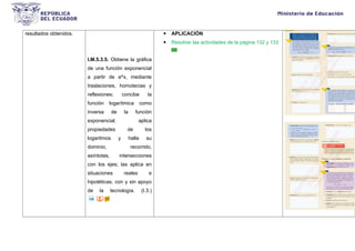 resultados obtenidos.
I.M.5.3.5. Obtiene la gráfica
de una función exponencial
a partir de a^x, mediante
traslaciones, homotecias y
reflexiones; concibe la
función logarítmica como
inversa de la función
exponencial; aplica
propiedades de los
logaritmos y halla su
dominio, recorrido,
asíntotas, intersecciones
con los ejes; las aplica en
situaciones reales e
hipotéticas, con y sin apoyo
de la tecnología. (I.3.)
 APLICACIÓN
 Resolver las actividades de la página 132 y 133
 
