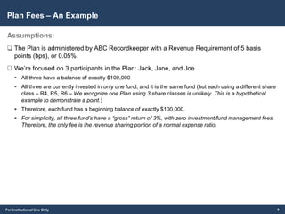 For Institutional Use Only
Plan Fees – An Example
Assumptions:
 The Plan is administered by ABC Recordkeeper with a Revenue Requirement of 5 basis
points (bps), or 0.05%.
 We’re focused on 3 participants in the Plan: Jack, Jane, and Joe
 All three have a balance of exactly $100,000
 All three are currently invested in only one fund, and it is the same fund (but each using a different share
class – R4, R5, R6 – We recognize one Plan using 3 share classes is unlikely. This is a hypothetical
example to demonstrate a point.)
 Therefore, each fund has a beginning balance of exactly $100,000.
 For simplicity, all three fund’s have a “gross” return of 3%, with zero investment/fund management fees.
Therefore, the only fee is the revenue sharing portion of a normal expense ratio.
9
 