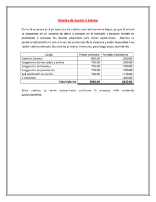 Niveles de Sueldo y Salario

Como la empresa está en apertura los salarios son relativamente bajos, ya que la misma
se encuentra en un proceso de darse a conocer en el mercado y necesita invertir en
publicidad, y subsanar las deudas adquiridas para iniciar operaciones. Además su
personal administrativo son a la vez los accionistas de la empresa y están dispuestos a no
recibir salarios elevados durante los primeros trimestres, pero luego estos ascenderán.

                  Cargo                   Primer semestre Periodos Posteriores
Gerente General                                     850.00               1500.00
Subgerente de mercadeo y ventas                     750.00               1300.00
Subgerente de finanzas                              750.00               1300.00
Subgerente de producción                            750.00               1300.00
2/4 empleados de planta                             760.00               1520.00
2 Vendedor                                        -                      1200.00
                           Total Salarios          3860.00               8120.00

Estos salarios se verán acrecentados conforme la empresa valla creciendo
paulatinamente.
 
