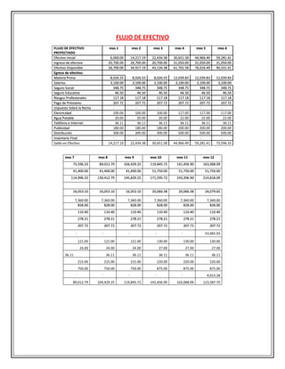 FLUJO DE EFECTIVO
FLUJO DE EFECTIVO                    mes 1              mes 2          mes 3            mes 4             mes 5           mes 6
PROYECTADO
Efectivo inicial                     6,000.00           14,217.19      22,434.38       30,651.58          44,966.49      59,281.41
Ingreso de efectivo                 20,700.00           20,700.00      20,700.00       31,050.00          31,050.00      31,050.00
Efectivo Disponible                 26,700.00           34,917.19      43,134.38       61,701.58          76,016.49      90,331.41
Egreso de efectivo:
Materia Prima                        8,026.55            8,026.55       8,026.55       12,039.83          12,039.83      12,039.83
Salarios                             3,100.00            3,100.00       3,100.00        3,100.00           3,100.00       3,100.00
Seguro Social                          348. 75             348. 75        348. 75         348. 75            348. 75        348. 75
Seguro Educativo                         46. 50              46. 50         46. 50          46. 50            46. 50         46. 50
Riesgos Profesionales                  117. 18             117. 18        117. 18         117. 18            117. 18        117. 18
Pago de Préstamo                       207. 72             207. 72        207. 72         207. 72            207. 72        207. 72
impuesto Sobre la Renta                -                   -              -               -                  -              -
Electricidad                           100.00              100.00         100.00          117.00             117.00         117.00
Agua Potable                             20.00               20.00          20.00           22.00             22.00          22.00
Teléfono e Internet                      36.11               36.11          36.11           36.11             36.11          36.11
Publicidad                             180.00              180.00         180.00          200.00             200.00         200.00
Distribución                           300.00              300.00         300.00          500.00             500.00         500.00
Inventario Final                       -                   -              -               -                  -              -
Saldo en Efectivo                   14,217.19           22,434.38      30,651.58       44,966.49          59,281.41      73,596.33


      mes 7                 mes 8                 mes 9               mes 10             mes 11                mes 12
           73,596.33         89,012.79            104,429.25          119,845.72         141,456.90            163,068.09
           41,400.00         41,400.00             41,400.00           51,750.00          51,750.00             51,750.00
          114,996.33        130,412.79            145,829.25          171,595.72         193,206.90            214,818.09


           16,053.10         16,053.10             16,053.10           20,066.38          20,066.38             24,079.65

              7,360.00        7,360.00              7,360.00            7,360.00            7,360.00              7,360.00
                828. 00         828. 00               828. 00             828. 00             828. 00               8 28. 00
                  110. 40         110. 40               110. 40              110. 40            110. 40             1 10. 40
                  278. 21         278. 21               278. 21              278. 21            278. 21             2 78. 21
                  207. 72         207. 72               207. 72              207. 72            207. 72             2 07. 72

              -               -                     -                    -                  -                   53,065.03

                  121.00          121.00                121.00               130.00             130.00              130.00
                   24.00           24.00                 24.00                27.00              27.00                 27.00
      36.11                        36.11                 36.11                36.11              36.11                 36.11
                  215.00          215.00                215.00               220.00             220.00              220.00
                  750.00          750.00                750.00               875.00             875.00              875.00
              -               -                     -                    -                  -                     4,013.28
           89,012.79        104,429.25            119,845.72          141,456.90         163,068.09            123,587.70
 