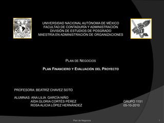 UNIVERSIDAD NACIONAL AUTÓNOMA DE MÉXICO FACULTAD DE CONTADURÍA Y ADMINISTRACIÓN DIVISIÓN DE ESTUDIOS DE POSGRADO MAESTRÍA EN ADMINISTRACIÓN DE ORGANIZACIONES Plan de Negocios Plan Financiero y Evaluación del Proyecto PROFESORA: BEATRÍZ CHAVEZ SOTO ALUMNAS: ANA LILIA  GARCÍA NIÑO 	AÍDA GLORIA CORTÉS PÉREZ 	ROSA ALICIA LÓPEZ HERNÁNDEZ GRUPO 1151 05-10-2010 1 Plan de Negocios 