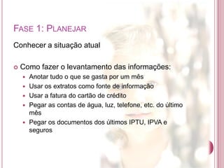 $$
FASE 1: PLANEJAR
Conhecer a situação atual
 Como fazer o levantamento das informações:
 Anotar tudo o que se gasta por um mês
 Usar os extratos como fonte de informação
 Usar a fatura do cartão de crédito
 Pegar as contas de água, luz, telefone, etc. do último
mês
 Pegar os documentos dos últimos IPTU, IPVA e
seguros
 