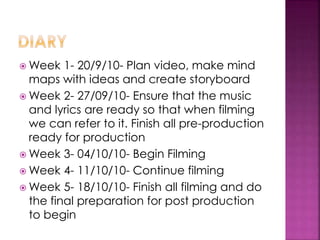  Week 1- 20/9/10- Plan video, make mind
maps with ideas and create storyboard
 Week 2- 27/09/10- Ensure that the music
and lyrics are ready so that when filming
we can refer to it. Finish all pre-production
ready for production
 Week 3- 04/10/10- Begin Filming
 Week 4- 11/10/10- Continue filming
 Week 5- 18/10/10- Finish all filming and do
the final preparation for post production
to begin
 