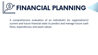 A comprehensive evaluation of an individual’s (or organization’s)
current and future financial state to predict and manage future cash
flows, expenditures, and asset values.
FINANCIAL PLANNING
 