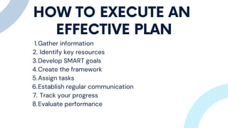 HOW TO EXECUTE AN
EFFECTIVE PLAN
Gather information
Identify key resources
Develop SMART goals
Create the framework
Assign tasks
Establish regular communication
Track your progress
Evaluate performance
1.
2.
3.
4.
5.
6.
7.
8.
 