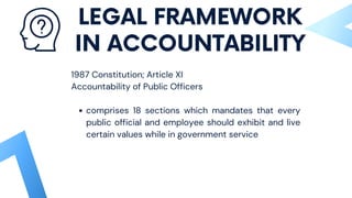 comprises 18 sections which mandates that every
public official and employee should exhibit and live
certain values while in government service
1987 Constitution; Article XI
Accountability of Public Officers
LEGAL FRAMEWORK
IN ACCOUNTABILITY
 