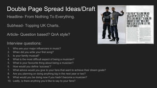 Double Page Spread Ideas/Draft
Headline- From Nothing To Everything.
Subhead- Topping UK Charts.
Article- Question based? QnA style?
Interview questions:
1. Who are your major influencers in music?
2. When did you write your first song?
3. Is your family musical?
4. What is the most difficult aspect of being a musician?
5. What is your favourite thing about being a musician?
6. How would you define ‘success’?
7. What advice would you give to your fans that want to achieve their dream goals?
8. Are you planning on doing anything big in the next year or two?
9. What would you be doing now if you hadn’t become a musician?
10. Lastly, is there anything you’d like to say to your fans?
 
