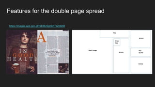Features for the double page spread
https://images.app.goo.gl/H43By5gmkhTzZpbN8
 
