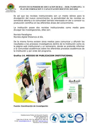 INSTITUTO SUPERIOR DE EDUCACION RURAL – ISER- PAMPLONA
PLAN DE FORMACION Y CAPACITACION DOCENTE 2015-2020
30
Establecimiento Público de Educación Superior
del orden departamental
NIT. 890.501.578 – 4
Calle 8 No 8-155 AA. 1031 Tel. 5682597 Fax: 5681736
E-mail: iserpam@iser.edu.co Sitio web: www.iser.edu.co
Pamplona, N.S. Colombia
Es así que las revistas institucionales son un medio idóneo para la
divulgación del nuevo conocimiento; la periodicidad de las revistas es
semestral abierta a la comunidad Iserista interesada en dar a conocer su
producción científica en las diferentes áreas del conocimiento.
La institución posee dos revistas institucionales como medio para
divulgar las investigaciones, ellas son:
Revista Paradigma
Revista digital Distancia al día.
De la misma forma existen otros medios para comunicar y difundir los
resultados a los procesos investigativos dentro de la Institución como es
la página web institucional y un semanario, donde se pretende informar
a la comunidad académicas sobre los diferentes procesos académicos de
la Institución y por ende del programa.
Grafica 14. MEDIOS DE PUBLICACION INSTITUCIONAL
Fuente: Coordinación de investigación
 