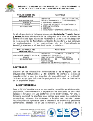 INSTITUTO SUPERIOR DE EDUCACION RURAL – ISER- PAMPLONA
PLAN DE FORMACION Y CAPACITACION DOCENTE 2015-2020
40
Establecimiento Público de Educación Superior
del orden departamental
NIT. 890.501.578 – 4
Calle 8 No 8-155 AA. 1031 Tel. 5682597 Fax: 5681736
E-mail: iserpam@iser.edu.co Sitio web: www.iser.edu.co
Pamplona, N.S. Colombia
NUCLEO BASICO DEL
CONOCIMIENTO
MAESTRIAS
ADMINISTRACION
1.ESTUDIOS ORGANIZACIONALES,
ORIENTACION LABORAL O TALENTO HUMANO
2. MERCADEO, MARKETING
3. FINANZAS, NEGOCIOS INTERNACIONALES
4. GESTION TURISTICA
5. ECONOMIA
6. INNOVACION Y CREATIVIDAD EMPRESARIAL.
CONTADURIA
ECONOMIA
SIN CLASIFICAR
En el núcleos básicos del conocimiento de Sociología, Trabajo Social
y afines, la puesta en formación de postgrado en el nivel de Maestria se
centra en cuatro ejes, los cuales responden a las líneas de investigación
de los programas de Tecnología en Gestión Comunitaria y sus optativas
de profundización, y las proyecciones de las Especializaciones
Tecnológicas en estos núcleos básicos del conocimiento.
NUCLEO BASICO DEL
CONOCIMIENTO
MAESTRIAS
SOCIOLOGIA, TRABAJO SOCIAL Y
AFINES
1.ESTUDIOS CULTURALES, SOCIALES, DE
DESARROLLO O RURALES.
2.PROYECTOS DE DESARROLLO SOCIAL
3.ESTUDIOS DE POBLACIONES O
TERRITORIALES
4.ESTUDIOS DE INNOVACION SOCIAL
SIN CLASIFICAR
DOCTORADOS
Basados en las necesidades institucionales y de la región, con las
proyecciones institucionales y del sistema de ciencia y tecnología
departamental y con las apuestas de competitividad, la institución
centra el apoyo para la formación postgradual en el nivel de doctorados
en las siguientes áreas:
1. BIOTECNOLOGIA
Para el 2032 Colombia busca ser reconocida como líder en el desarrollo,
producción, comercialización y exportación de productos de alto valor
agregado derivados del uso sostenible de la biodiversidad. Por ello, el
Gobierno nacional ha diseñado una política para crear las condiciones
económicas, técnicas, institucionales y legales que permitan atraer
recursos públicos y privados para el desarrollo de empresas y productos
comerciales, basados en el uso sostenible y en la aplicación de la
 