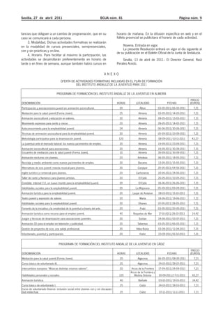 Sevilla, 27 de abril 2011                                                 BOJA núm. 81                                                  Página núm. 9



tancias que obliguen a un cambio de programación, que en su                          horario de mañana. En la difusión específica en web y en el
caso se comunicará a cada persona.                                                   folleto provincial se publicitara el horario de cada actividad.
     3. Modalidad. Dichas actividades formativas se realizarán
en la modalidad de cursos presenciales, semipresenciales,                                Novena. Entrada en vigor.
con y sin prácticas y on-line.                                                           La presente Resolución entrará en vigor el día siguiente al
                                                                                     de su publicación en el Boletín Oficial de la Junta de Andalucía.
     4. Horario. Para facilitar al máximo la participación, las
actividades se desarrollarán preferentemente en horario de                               Sevilla, 13 de abril de 2011.- El Director General, Raúl
tarde o en fines de semana, aunque también habrá cursos en                           Perales Acedo.

                                                                              ANEXO
                                     OFERTA DE ACTIVIDADES FORMATIVAS INCLUIDAS EN EL PLAN DE FORMACIÓN
                                               DEL INSTITUTO ANDALUZ DE LA JUVENTUD PARA 2011

                                 PROGRAMA DE FORMACIÓN DEL INSTITUTO ANDALUZ DE LA JUVENTUD EN ALMERÍA
                                                                                                                                                 PRECIO
DENOMINACIÓN                                                                         HORAS         LOCALIDAD                   FECHAS           (EUROS)
Participación y asociacionismo juvenil en animación sociocultural.                     20              Albox            03-05-2011/06-05-2011     7,21
Mediación para la salud juvenil (Forma Joven).                                         25             Almería           03-05-2011/14-05-2011     7,21
Animación sociocultural y educación en valores.                                        20             Almería           09-05-2011/13-05-2011     7,21
Movimiento expresivo para sentir y crecer.                                             20             Almería           09-05-2011/14-05-2011     7,21
Autoconocimiento para la empleabilidad juvenil.                                        24             Almería           06-06-2011/30-06-2011     7,21
Técnicas de animación sociocultural para la empleabilidad juvenil.                     20             Almería           05-09-2011/23-09-2011     7,21
Metodología participativa para la dinamización juvenil.                               120             Almería           08-09-2011/10-11-2011    43,27
La juventud ante el mercado laboral: los nuevos yacimientos de empleo.                 20             Almería           19-09-2011/23-09-2011     7,21
Animación sociocultural para asociaciones.                                             20             Almería           19-09-2011/30-09-2011     7,21
Encuentro de mediación para la salud juvenil (Forma Joven).                            10             Almería           30-09-2011/30-09-2011     7,21
Animación nocturna con jóvenes.                                                        20            Arboleas           06-05-2011/14-05-2011     7,21
Reciclaje y medio ambiente como nuevos yacimientos de empleo.                          20            Bacares            13-05-2011/15-05-2011     7,21
Alternativas de ocio juvenil: mezcla musical para jóvenes.                             20            Canjáyar           20-05-2011/04-06-2011     7,21
Inglés turístico y comercial para jóvenes.                                             20           Carboneras          20-06-2011/24-06-2011     7,21
Taller de canto y flamenco para jóvenes artistas.                                      20             El Ejido          20-05-2011/22-05-2011     7,21
Enrédate: internet 2.0, un nuevo mundo para la empleabilidad juvenil.                  20             El Ejido          18-06-2011/26-06-2011     7,21
Habilidades sociales para la empleabilidad juvenil.                                    20          La Mojonera          05-09-2011/09-09-2011     7,21
Animación turística para la empleabilidad juvenil.                                     20        Laujar de Andarax      08-10-2011/15-10-2011     7,21
Teatro juvenil y expresión de valores                                                  20              María            18-06-2011/19-06-2011     7,21
Habilidades sociales para la empleabilidad juvenil.                                    20             Ohanes            07-05-2011/28-05-2011     7,21
Fomento de la iniciativa y la creatividad de la juventud a través del arte.            20              Pulpí            03-05-2011/20-05-2011     7,21
Animación turística como recurso para el empleo juvenil.                               40        Roquetas de Mar        17-10-2011/28-10-2011    14,42
Juegos y técnicas de dinamización para asociaciones juveniles.                         20             Sorbas            24-06-2011/02-07-2011     7,21
Animación 2D para el empleo en televisión y publicidad.                                20            Tabernas           03-05-2011/06-05-2011     7,21
Gestión de proyectos de ocio: una salida profesional.                                  20           Vélez-Rubio         03-09-2011/11-09-2011     7,21
Voluntariado, juventud y participación.                                                20              Viator           23-09-2011/01-10-2011     7,21


                                    PROGRAMA DE FORMACIÓN DEL INSTITUTO ANDALUZ DE LA JUVENTUD EN CÁDIZ
                                                                                                                                                 PRECIO
DENOMINACIÓN                                                                         HORAS         LOCALIDAD                   FECHAS           (EUROS)
Mediación para la salud juvenil (Forma Joven).                                         20            Algeciras          06-05-2011/08-05-2011     7,21
Curso básico de voluntariado III.                                                      25            Algeciras          24-10-2011/28-10-2011     7,21
Intercambios europeos “Músicas distintas mismos valores”.                              20       Arcos de la Frontera    17-09-2011/24-09-2011     7,21
                                                                                               Arcos de la Frontera y
Habilidades personales y sociales.                                                    120         Medina Sidonia        30-09-2011/17-11-2011    43,27
Animación turística.                                                                   40             Barbate           03-10-2011/19-10-2011    14,42
Curso básico de voluntariado I.                                                        25              Cádiz            24-10-2011/28-10-2011     7,21
Curso de voluntariado Diverze: inclusión social entre jóvenes con y sin discapaci-
dad intelectual.                                                                       25              Cádiz            07-11-2011/11-11-2011     7,21
 