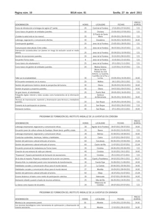 Página núm. 10                                                           BOJA núm. 81                                 Sevilla, 27 de abril 2011


                                                                                                                                              PRECIO
DENOMINACIÓN                                                                       HORAS        LOCALIDAD                  FECHAS            (EUROS)
Curso de introducción a la lengua de signos (2ª parte).                             25      Conil de la Frontera     17-10-2011/27-10-2011     7,21
Curso básico de gestión de entidades juveniles.                                     20           Chiclana           23-05-2011/27-05-2011      7,21
                                                                                            El Puerto de Santa
¡Cuídate la salud está en tus manos!.                                               20            María             05-09-2011/28-09-2011      7,21
Liderazgo, negociación y comunicación efectiva.                                     30          Grazalema           03-09-2011/18-09-2011     14,42
Construyendo igualdad.                                                              20      Jerez de la Frontera    23-05-2011/28-05-2011      7,21

Comunicación intercultural. Entre orillas                                           25      Jerez de la Frontera    06-07-2011/20-07-2011      7,21
Intervención socioeducativa con jóvenes en riesgo de exclusión social en medio
abierto.                                                                            25      Jerez de la Frontera    05-09-2011/10-09-2011      7,21
Gestión de asociaciones juveniles.                                                  20      Jerez de la Frontera    01-10-2011/08-10-2011      7,21
Encuentro Forma Joven.                                                               8      Jerez de la Frontera     21-10-2011/21-10-2011     7,21
Curso básico de voluntariado II.                                                    25      Jerez de la Frontera     07-11-2011/11-11-2011     7,21
Curso básico de gestión de entidades juveniles.                                     20       Medina Sidonia         11-07-2011/15-07-2011      7,21
                                                                                             Mesas de Asta,
                                                                                             Poblado de José
                                                                                           Antonio, La Guareña,
                                                                                           Cuartillos de la Paz y
Taller por la empleabilidad.                                                        30             La Ina.          03-05-2011/31-05-2011     14,42
III Encuentro enredando con la música.                                              20            Mollina            18-11-2011/20-11-2011     7,21
Gestión del patrimonio histórico desde la perspectiva del turismo.                  30             Olvera           26-09-2011/06-10-2011     14,42
Gestión de grupos y proyectos juveniles.                                            30             Olvera           04-07-2011/09-07-2011     14.42
Un gran tesoro, el voluntariado.                                                    20         Puerto Real          09-05-2011/16-05-2011      7,21
Fotografía digital, internet y redes sociales como fundamentos de la información                Sanlúcar
juvenil.                                                                            30        de Barrameda          06-05-2011/18-06-2011     14,42
Técnicas de improvisación, expresión y dinamización para técnicos y mediadores
juveniles.                                                                          20          San Roque           16-05-2011/20-05-2011      7.21
Fomento de la participación en jóvenes.                                             20          San Roque           05-07-2011/26-07-2011      7,21
Animación turística.                                                                40          San Roque            07-11-2011/22-11-2011    14,42


                                PROGRAMA DE FORMACIÓN DEL INSTITUTO ANDALUZ DE LA JUVENTUD EN CÓRDOBA
                                                                                                                                              PRECIO
DENOMINACIÓN                                                                       HORAS       LOCALIDAD                   FECHAS            (EUROS)
Liderazgo empresarial, negociación y comunicación eficaz.                           28     Aguilar de la Frontera   18-07-2011/28-07-2011     14,42
Encuentro joven de cultura urbana de Guadajoz. Break dance, graffiti y skate.       20            Baena             16-05-2011/31-05-2011      7,21
Liderazgo empresarial, negociación y comunicación eficaz.                           28            Belmez            01-08-2011/18-08-2011     14,42
Conductas sostenibles: destrezas, hábitos y habilidades.                            20            Cabra             11-07-2011/28-07-2011      7,21
Gestión del patrimonio cultural enfocado al turismo.                                60          Carcabuey           06-06-2011/23-06-2011     21,64
Gestión del patrimonio cultural enfocado al turismo.                                60        Castro del Río        11-07-2011/22-07-2011     21,64
Encuentro provincial de mediadores/as Forma Joven.                                  20           Córdoba            04-06-2011/05-06-2011      7,21
Creación de una emisora de radio por internet.                                      40           Córdoba            01-10-2011/19-11-2011     14,42
“Espasocia”. Espacio permanente de formación de asociaciones.                       20           Córdoba            25-11-2011/27-11-2011      7,21
De la idea al impacto. Proyecto y evaluación de la acción con jóvenes.              80     Espiel y Pozoblanco      04-10-2011/09-11-2011     43,27
Dinamiz-Arte: la creatividad juvenil como herramienta de transformación.            30         Fuente-Tójar         01-08-2011/11-08-2011     14,42
Habilidades sociales y comunicación eficaz para el mundo laboral.                   27          La Carlota          20-06-2011/30-06-2011     14,42
Habilidades sociales y comunicación eficaz para el mundo laboral.                   27           Montilla           19-09-2011/28-09-2011     14,42
Gestión del patrimonio cultural enfocado al turismo.                                60             Obejo            16-07-2011/31-07-2011     21,64
Escena dinámica: el teatro como medio de participación colectiva.                   30          Valenzuela          07-07-2011/05-08-2011     14,42
Animación infantil y juvenil a través de recursos artísticos.                       25         Villa del Río        06-05-2011/14-05-2011      7,21
                                                                                              Villaviciosa de
La danza como espacio de encuentro.                                                  24           Córdoba           04-07-2011/07-07-2011      7,21


                                PROGRAMA DE FORMACIÓN DEL INSTITUTO ANDALUZ DE LA JUVENTUD EN GRANADA
                                                                                                                                              PRECIO
DENOMINACIÓN                                                                       HORAS       LOCALIDAD                   FECHAS            (EUROS)
Monitor/a de campamento juvenil.                                                    30           Albolote           13-05-2011/22-05-2011     14,42
Los recursos tecnológicos como herramienta de optimización y dinamización de
nuestra asociación.                                                                 30           Albolote           17-10-2011/28-10-2011     14,42
 