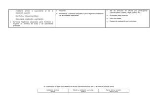 EL CONTENIDO DE ESTE DOCUMENTO NO PUEDE SER MODIFICADO SIN LA AUTORIZACIÓN DE SENCE
Validación técnica:
SENCE
Edición y validación curricular:
SENCE
Fecha última revisión:
Marzo 2016
mobiliario similar o equivalente al de la
educación superior.
- Escritorio y silla para profesor.
- Sistema de calefacción y ventilación.
 Servicios higiénicos separados para hombres y
mujeres en recintos de aulas y de actividades
prácticas.
 Pizarrón.
 Filmadora o cámara fotográfica para registrar evidencias
de actividades realizadas.
 Set de artículos de oficina por participante
(lápices pasta, grafito, regla, goma, etc.).
 Plumones para pizarrón.
 Libro de clases.
 Pautas de evaluación por actividad.
 